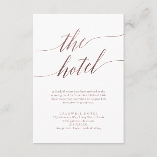Elegant Roos Gold Calligraphy Hotel Enclosure Kaar Informatiekaartje (Voorkant)