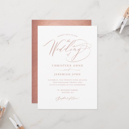 Elegant Roos Gold Calligraphy Metallic Wedding Kaart (Voorkant / Achterkant in situ)