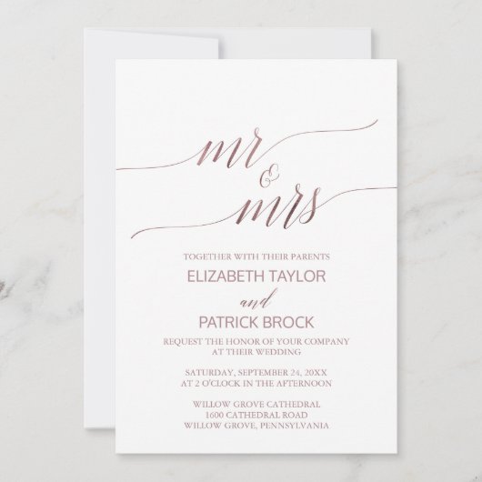 Elegant Roos Gold Calligraphy Mr & Mrs Wedding Kaart (Voorkant)
