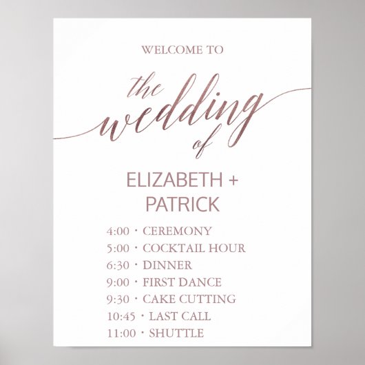 Elegant Roos Gold Calligraphy Order of Events Poster (Voorkant)
