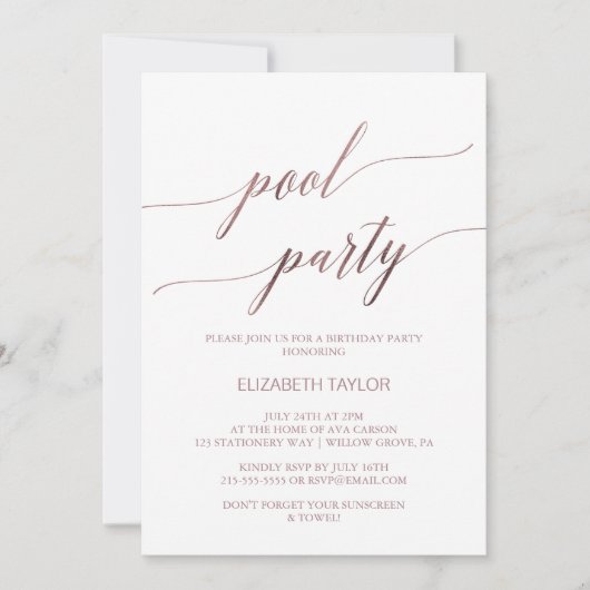 Elegant Roos Gold Calligraphy Pool Birthday Kaart (Voorkant)