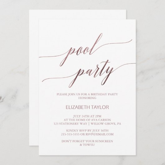 Elegant Roos Gold Calligraphy Pool Birthday Kaart (Voorkant / Achterkant)