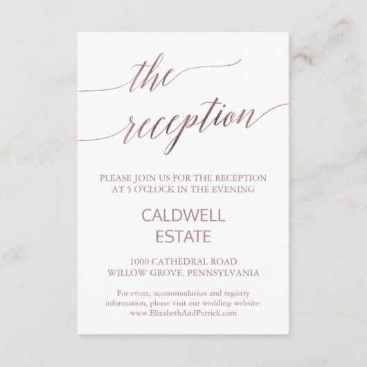 Elegant Roos Gold Calligraphy Reception Kaart (Voorkant)