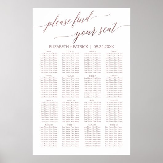 Elegant Roos Gold Calligraphy Seating Chart Poster (Voorkant)