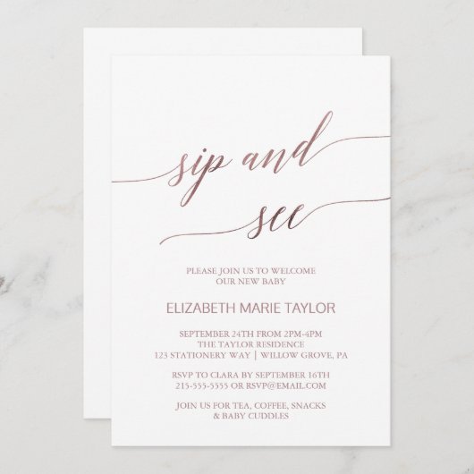 Elegant Roos Gold Calligraphy Sip and See Kaart (Voorkant / Achterkant)