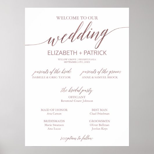 Elegant Roos Gold Calligraphy Sm Wedding Program Poster (Voorkant)