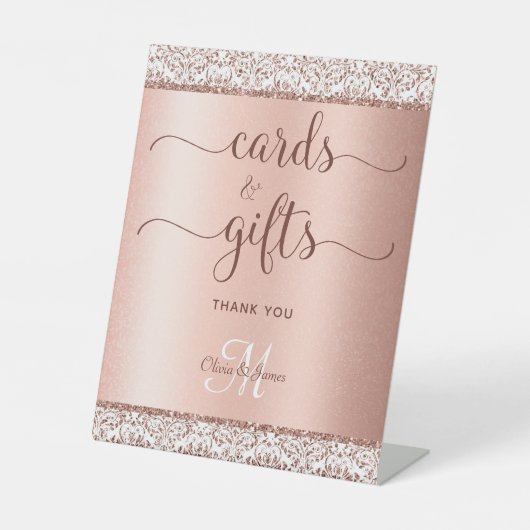 Elegant Roos Gold Calligraphy Weddenschappen Gifts Reclamebord Met Voetstuk (Voorkant)
