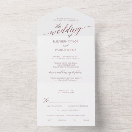 Elegant Roos Gold Calligraphy Wedding All In One Uitnodiging (Binnen)
