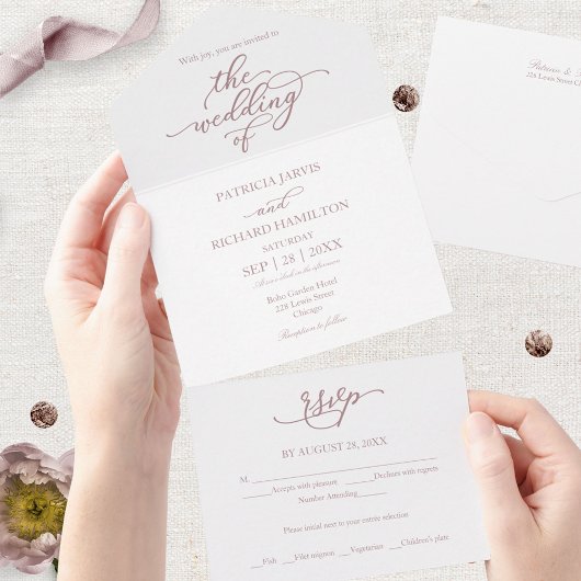 Elegant Roos Gold Calligraphy Wedding All In One Uitnodiging