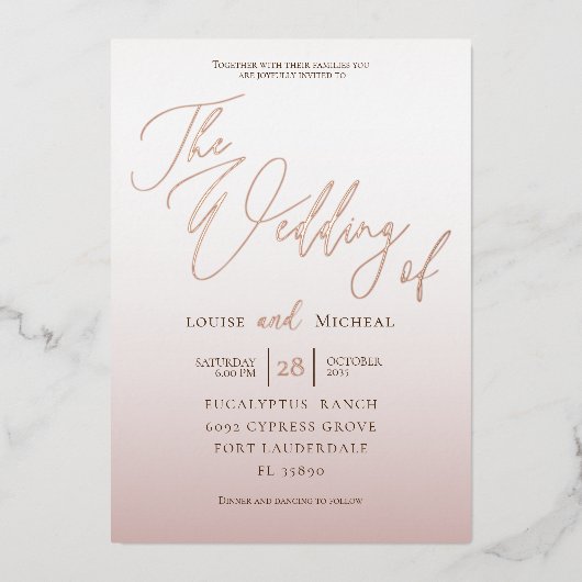 Elegant Roos Gold Calligraphy Wedding Folie Uitnodiging (Voorkant)