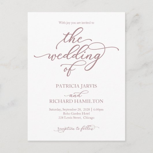 Elegant Roos Gold Calligraphy Wedding Invitation Briefkaart (Voorkant)