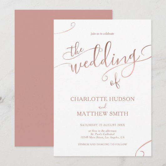 Elegant Roos Gold Calligraphy Wedding Invitation Kaart (Voorkant / Achterkant)