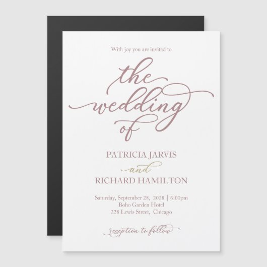 Elegant Roos Gold Calligraphy Wedding Invitation Magnetische Uitnodiging (Voorkant / Achterkant)