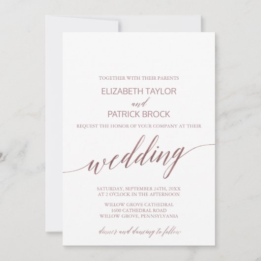 Elegant Roos Gold Calligraphy Wedding Kaart (Voorkant)