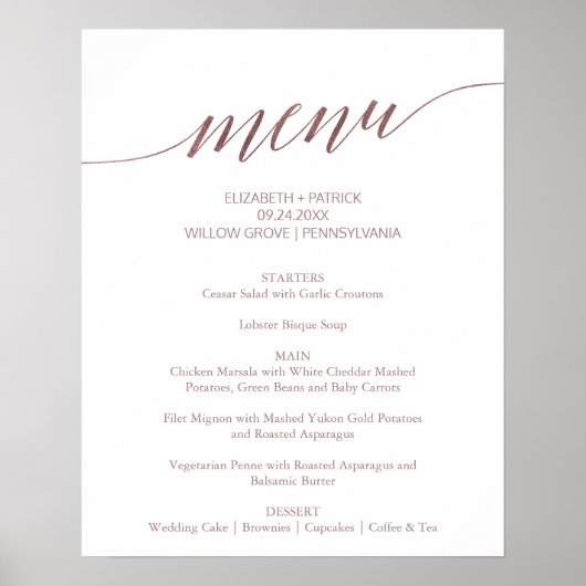 Elegant Roos Gold Calligraphy Wedding Menu Sign Poster (Voorkant)