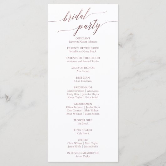 Elegant Roos Gold Calligraphy Wedding Programme Programmakaart (Achterkant)