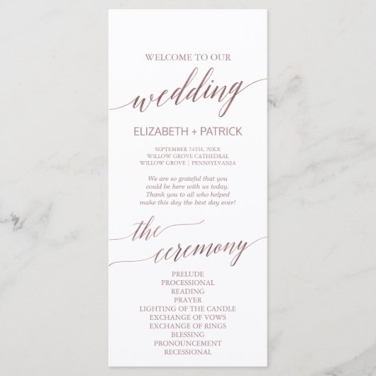 Elegant Roos Gold Calligraphy Wedding Programme Programmakaart (Voorkant)