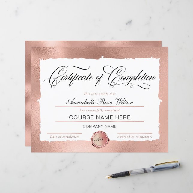 Elegant Roos Gold Certificate of Complement Award (Voorkant / Achterkant in situ)