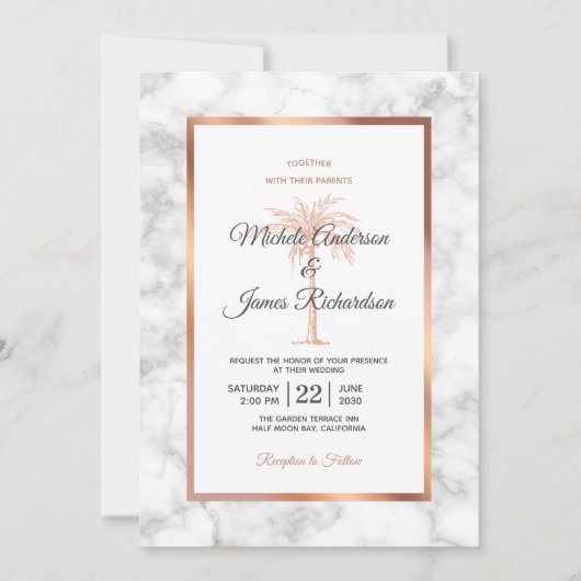 Elegant Roos Gold Copper Marble Palm Tree Weddensc Kaart (Voorkant)