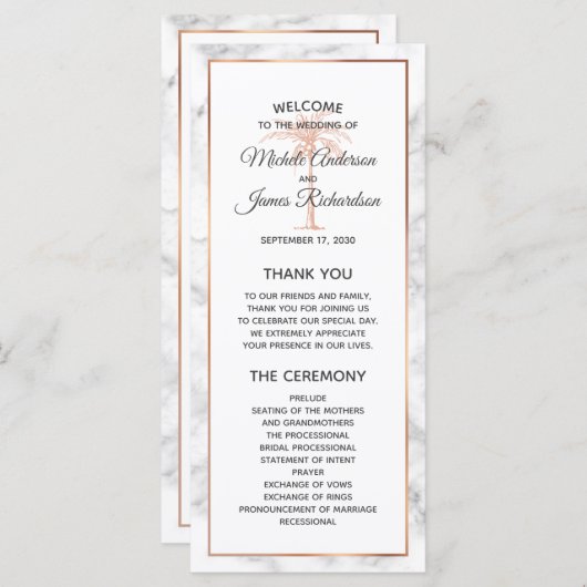 Elegant Roos Gold Copper Marble Palm Tree Weddensc Programmakaart (Voorkant / Achterkant)