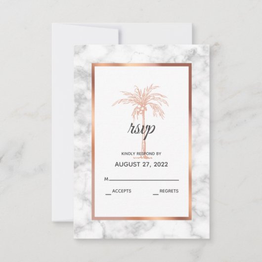 Elegant Roos Gold Copper Marble Palm Tree Weddensc RSVP Kaartje (Voorkant)