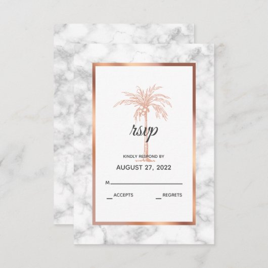 Elegant Roos Gold Copper Marble Palm Tree Weddensc RSVP Kaartje (Voorkant / Achterkant)