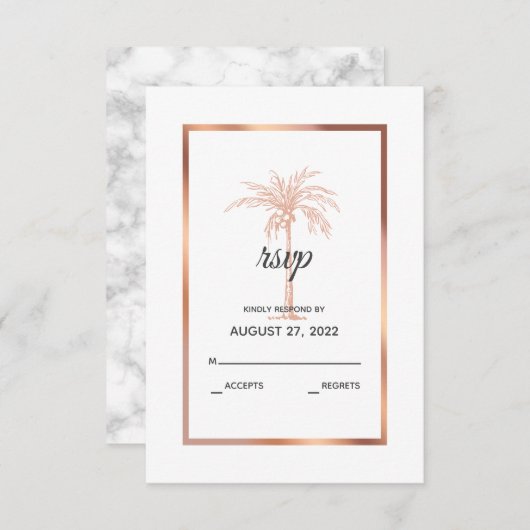 Elegant Roos Gold Copper Marble Palm Tree Weddensc RSVP Kaartje (Voorkant / Achterkant)