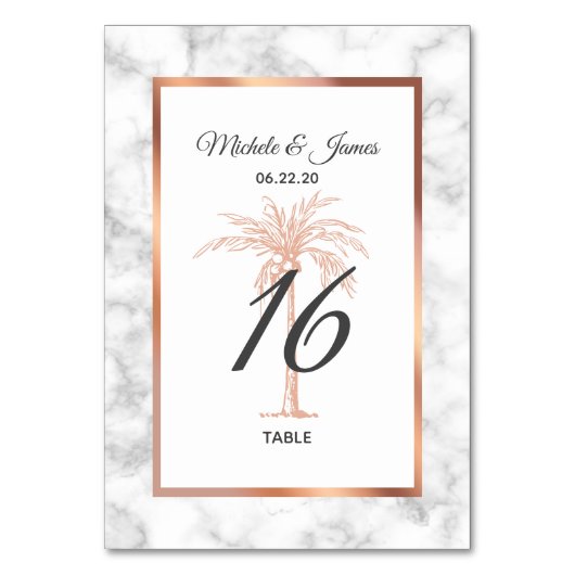 Elegant Roos Gold Copper Palm Tree Marble Wedding Kaart (Voorkant)