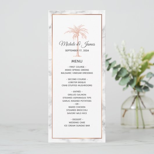 Elegant Roos Gold Copper Palm Tree Marble Wedding Menu (Staand voorkant)