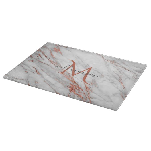 Elegant Roos Gold Copper White marble Monogram Snijplank (Hoek)