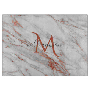 Elegant Roos Gold Copper White marble Monogram Snijplank