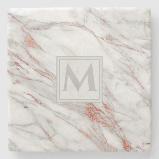 Elegant Roos Gold Copper White marble Monogram Stenen Onderzetter (Voorkant)