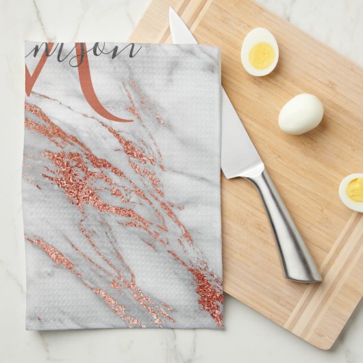 Elegant Roos Gold Copper White marble Monogram Theedoek (Quarter Fold)
