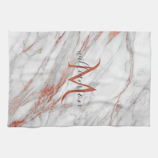 Elegant Roos Gold Copper White marble Monogram Theedoek (Horizontaal)