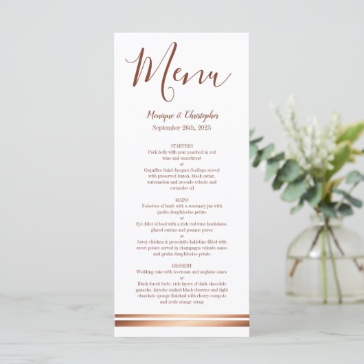 Elegant Roos Gold Copper White Wedding Menu (Staand voorkant)