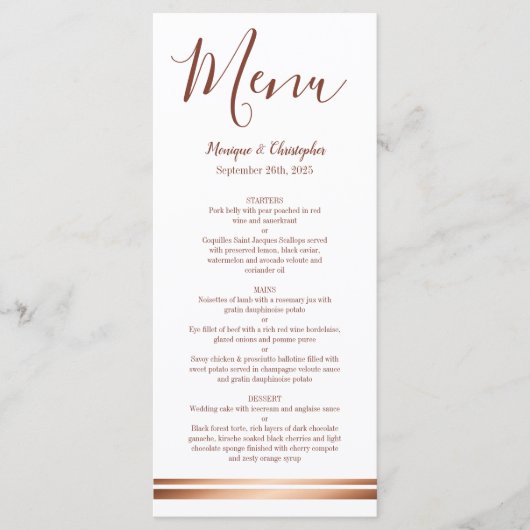 Elegant Roos Gold Copper White Wedding Menu (Voorkant)