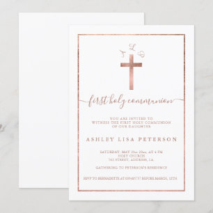 Elegant roos gold cross monogram first communiqué kaart