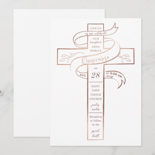 Elegant Roos Gold Cross Ribbon Quinceañera Kaart (Voorkant / Achterkant)