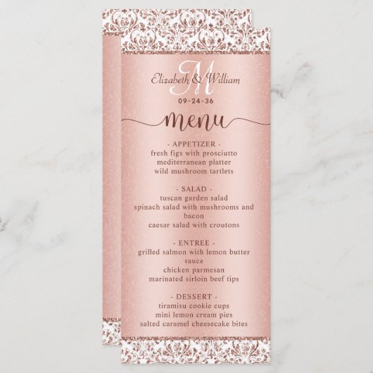 Elegant Roos Gold Damask Monogram Weddenschap Menu (Voorkant / Achterkant)