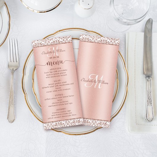 Elegant Roos Gold Damask Monogram Weddenschap Menu