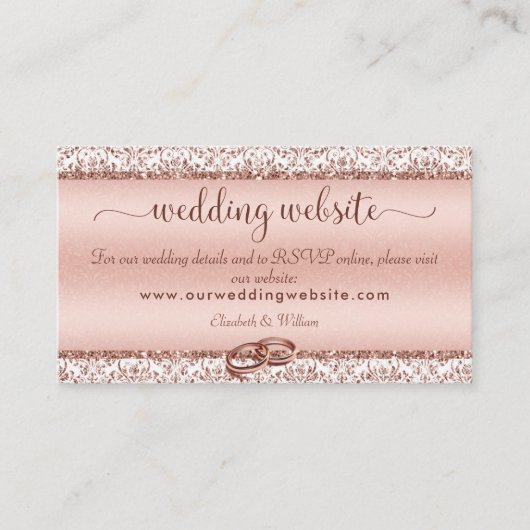Elegant Roos Gold Damask Monogram Weddenschap Webs Informatiekaartje (Voorkant)