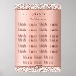 Elegant Roos Gold Damask Wedding 15-zittingskaart Poster