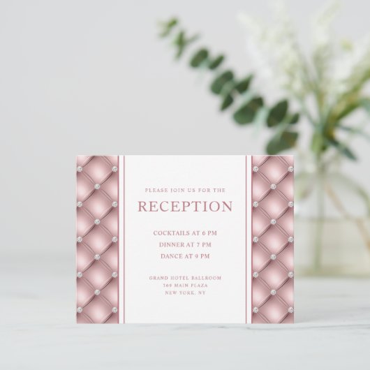 Elegant Roos Gold Diamond Tufted WeddenOntvangst Informatiekaartje (Staand voorkant)