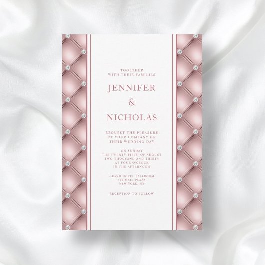 Elegant Roos Gold Diamond Tufted Wedding Invitatio Kaart
