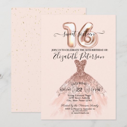 Elegant Roos Gold Dress Confetti Cream Sweet 16 Kaart (Voorkant / Achterkant)