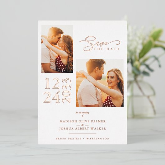 Elegant Roos Gold Effect 2 Foto's Chinees huwelijk Folie Uitnodiging (Staand Voorkant)