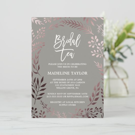 Elegant Roos Gold en Grey Bridal Tea Party Kaart (Staand voorkant)