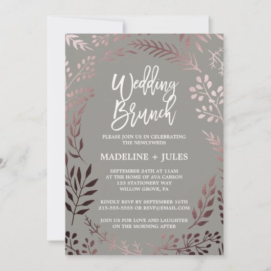 Elegant Roos Gold en Grey Wedding Brunch Kaart (Voorkant)