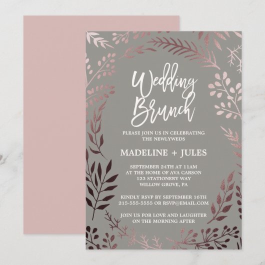 Elegant Roos Gold en Grey Wedding Brunch Kaart (Voorkant / Achterkant)