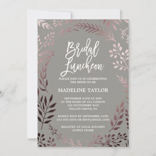 Elegant Roos Gold en Grijze bridal Luncheon Kaart (Voorkant)